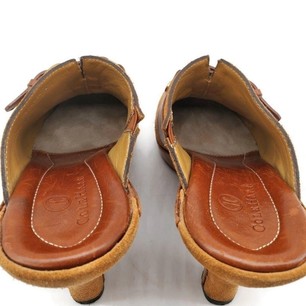Cole Haan Tan Suede & Brown Leather Gold Buckle Strap Slide-On Mid Heel Mules - Picture 9 of 15
